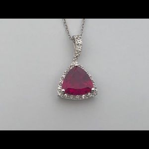 Trillion Cut Created Ruby & White Topaz Pendant